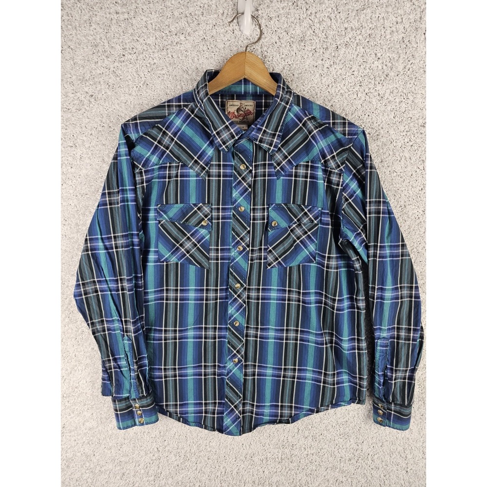 Vintage Wrangler Western Pearl Snap Shirt Men's XL Blue Plaid Button Up Ranch‎